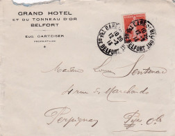 1913--lettre BELFORT-90  à PERPIGNAN-66 ,type Semeuse ,cachet 12-2-13-- Pub" GRAND Hôtel Et Du TONNEAU D'OR" - 1877-1920: Periodo Semi Moderno