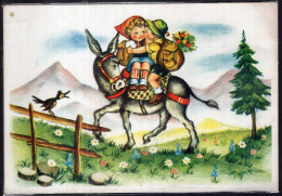 Postcard - Circa 1950 - Children - Kids Couple Riding On A Donkey - Children's Drawings