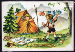 Postcard - Circa 1950 - Children - Kids Couple Camping - Children's Drawings