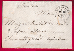 GUERRE 1870 MENTION FRANC TIREUR CAD GARE DE LYON RHONE POUR CLERMONT FERRAND PUY DE DOME LETTRE - Oorlog 1870