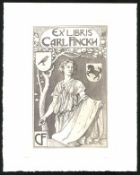 Exlibris Carl Finckh, Näherin Mit Tuchstoff Und Spindel In Der Hand, WAppen Volge Und Pferd  - Ex-libris