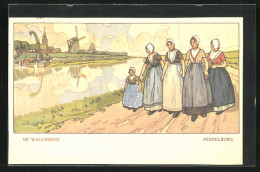 Künstler-AK Middelburg /Walcheren, Frauen Auf Strasse, Windmühle In Der Ferne  - Middelburg