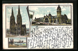 Lithographie Köln A. Rhein, Dom, Neuer Bahnhof, Rheinbrücke  - Köln