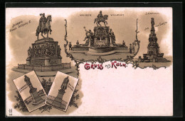 Lithographie Köln, Denkmal Friedrich Wilhelm III., Bismark-Denkmal, Moltke-Denkmal  - Koeln