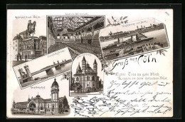 Lithographie Köln, Ortsansicht, Eisenbahnbrücke, Hauptbahnhof, St. Apostel-Kirche, Schiffbrücke Und Deutz  - Koeln