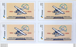 PB 193 Brazil Personalized Stamp 90 Years First Atlantic Crossing With Postal Mail Airplane 2021 Block Of 4 - Personalized Stamps