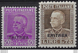 1928-29 Eritrea VE III 2v. Sopr. Bc. MNH Sassone N. 136/137 - Otros & Sin Clasificación