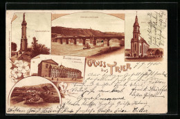 Lithographie Trier, Römische Thermen, Moselbrücke, Mariensäule  - Trier