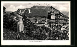 AK Mariazell, Ortsansicht Mit Bürgeralpe-Seilbahn Und Dame Im Trachtenkleid  - Kabelbanen
