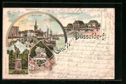 Lithographie Düsseldorf, Gruss Mit Central-Bahnhof, Rhein-Werft Und Denkmal Der 39er  - Duesseldorf