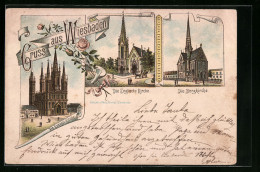 Vorläufer-Lithographie Wiesbaden, 1891, Evangelische Kirche, Englische Kirche Und Bergkirche  - Wiesbaden