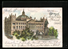 Lithographie Berlin, Reichstagsgebäude U. Bismarck Denkmal  - Dierentuin