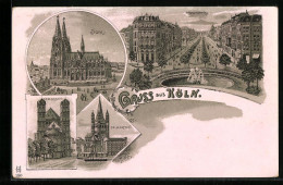Lithographie Köln, Dom, Hohenstaufenring, St. Gereon, St. Martin  - Koeln