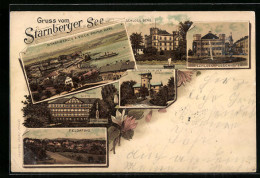 Lithographie Starnberg, Teilansicht U. Starnberger See V. D. Villa Prinz Karl, Hôtel Am See Tutzing, Schloss Berg  - Tutzing