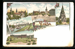 Lithographie Riesa, Kaiser Wilhelm Platz, Altes Kloster, Neue Evang. Kirche  - Riesa