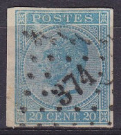 Belgique - N°18 Non-dentelé ! 20c Bleu Léopold I Lpts "374" VERVIERS - 1865-1866 Linksprofil