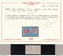 1922 Italia - REGNO  - Espresso N. 8  Lire 1,20 Azzurro E Rosso  MNH** - Certifi - Autres & Non Classés