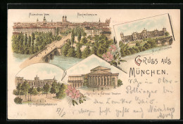 Lithographie München, Maximilianeum, Hof- Und Nationaltheater, Regierungsgebäude  - Theater