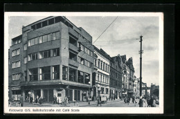 AK Kattowitz, Bahnhofstrasse Mit Cafe Scala  - Schlesien