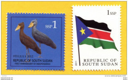 ZUID SOEDAN - South Sudan  1 SSP FLAG, 1st Set  2011 & 1 SSP Shoe Billed Stork, 2nd Set 2012 SOUDAN Südsudan - Zuid-Soedan