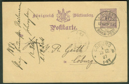 Bahnpost  Württemberg 1887 #32auf 5Pf- GANZSACHE > Ak-o Coburg - Interi Postali