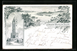 Lithographie Berlin-Grunewald, Wirtshaus Schildhorn, Kaiser-Wilhelm-Thurm  - Grunewald