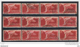 REPUBBLICA:  1945/52  EX. DEMOCRATICA  R. -  £. 5  ROSSO  BRUNO  US. -  RIPETUTO  12  VOLTE  -  SASS. 25 - Eilpost/Rohrpost