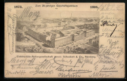 Lithographie Nürnberg, Elektrizitäts-Aktiengesellschaft Schuckert & Co., Gesamtansicht, 25. Geschäftsjubiläum 1898  - Nürnberg