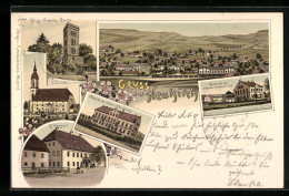 Lithographie Neukirch, Schule, König Johann Turm, Kirche  - Neukirch (Lausitz)
