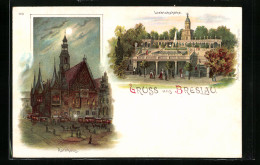 Lithographie Breslau, Gasthaus Liebichshöhe, Rathaus  - Schlesien