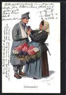 Künstler-AK Theo Zasche: Liebesgabe!, Marktfrau Steckt Einem Verwundeten Soldaten Eine Blume An Die Uniformjacke  - Other & Unclassified