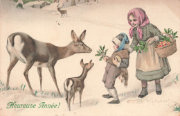 FETES - VOEUX - Nouvel An - Heureuse Année - Enfants - Cerfs - Neige - Fruits - Colorisé - Carte Postale Ancienne - Nouvel An