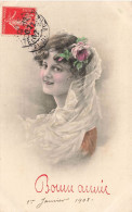 FETES - VOEUX - Nouvel An - Bonne Année - 1er Janvier 1908 - Femme Souriante - En Robe - Fleurs - Carte Postale Ancienne - Nouvel An