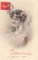 FETES - VOEUX - Nouvel An - Bonne Année - 1er Janvier 1908 - Femme Souriante - En Robe - Fleurs - Carte Postale Ancienne - Nieuwjaar