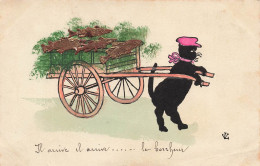 ILLUSTRATEURS - NON SIGNE- Il Arrive Il Arrive... Le Bonheur - Chat Noir - Charrette - Poissons - Carte Postale Ancienne - Non Classés