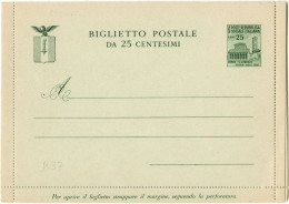 REPUBBLICA SOCIALE ITALIANA R.S.I. B37 - 1944 BIGLIETTO POSTALE TIPO 'MONUMENTI DISTRUTTI' DA C. 25 - NUOVO - Stamped Stationery