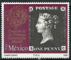 1990 MÉXICO PRIMERA ESTAMPILLA POSTAL ONE PENNY Sc. 1645 MNH FIRST POSTAGE STAMPS 150th. ANNIV. - México