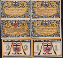 6x Bonn: 4x 50 Pfennig, 1 + 2 Mark 1.7.1922 - Stadtsoldaten-Corps - Lokale Ausgaben