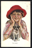 Künstler-AK Luis Usabal: My Steady, Mädchen Mit Rotem Hut Und Kleiner Hund  - Usabal