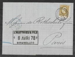 Belgique LSC De Bruxelles 8 Avril 1878 -  Y&T N°32 - Ambulant France Midi 1 Au Verso 8/04/78 Pour Rothschild Paris. - 1869-1883 Leopoldo II