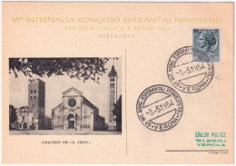 1954-VERONA 6 INT. KONG. ESPERANTAJ FERVOJISTOJ (3.5) Annullo Speciale Su Cartol - Esperanto