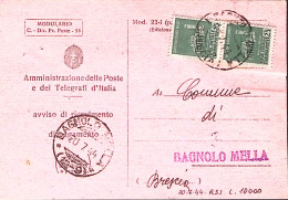 1944-MONUMENTI Due C.25 Su Avviso Di Ricevimento - Marcophilie