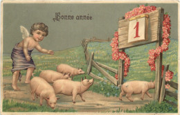 Neujahr - Schweine - Prägekarte - Anno Nuovo