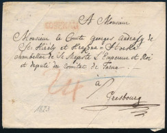1823 Korábbi Levél Borítékként Felhasználva 24kr Portóval, Piros "ROSENAU" - Presbourg - Autres & Non Classés
