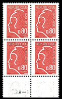 N°1862A ** 80c Rouge, Marianne De DURRENS, Non émis En Bloc De Quatre Bord De Feuille Avec Numéro De Presse T.D.6-1 - Unused Stamps