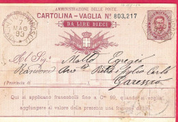 INTERO CARTOLINA-VAGLIA UMBERTO C.15 DA LIRE 10 (CAT. INT.7Ba) -ANNULLO TONDO RIQUADRATO"BORGHETTO D'ARROSCIA*3.MAG.93* - Ganzsachen