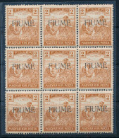 ** Fiume 1919 Arató 2f 9-es Tömb, Benne FUME Felülnyomással / Mi 8 Block Of 9, 1 Stamp With FUME Overprint. Signed: Bodo - Other & Unclassified