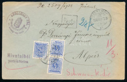 1938 Távolsági Levél Hivatalból Portóköteles, Rajta Kékportó 2 X 4f + 20f / Domestic Cover With 3 Postage Due Stamps "SZ - Other & Unclassified