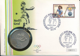 Niue 1987. 5$ Cu-Ni " Nyári Olimpia Szöul 1988 - Steffi Graf" Felbélyegzett Borítékban, Bélyegzéssel T:UNC Patina Niue 1 - Unclassified