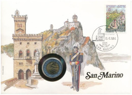 San Marino 1985. 500L Bimetál Felbélyegzett Borítékban, Bélyegzéssel, Német Nyelvű Leírással T:UNC San Marino 1985. 500  - Non Classés